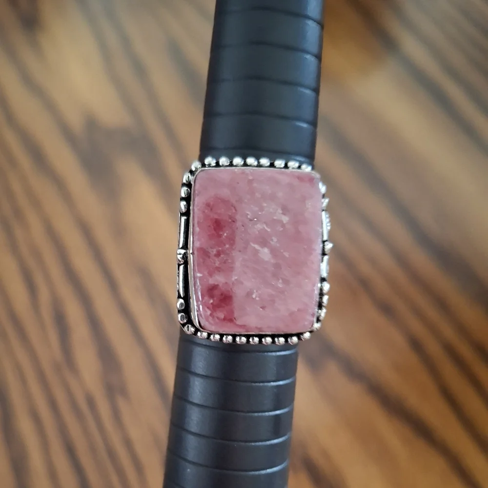 Ring Rhodochrosite Pink Square Stone Sterling Silver Adjustable Band Sizes 7-8-9